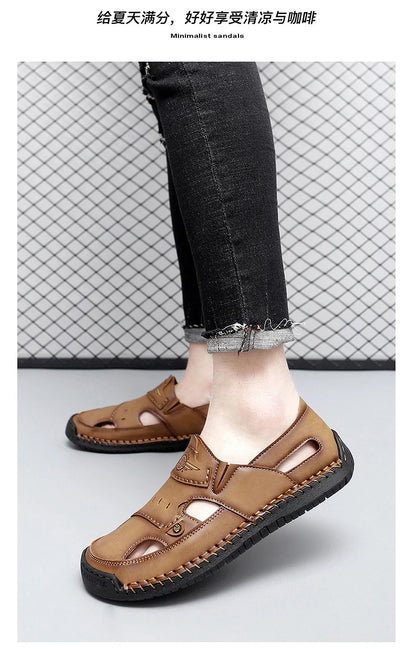 Men's Genuine Leather Beach Sandals - Breathable Hollow-Out Non-Slip Casual Slides