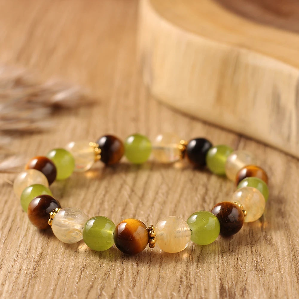 Tiger Eye, Citrine & Green Jade Natural Stone Beaded Bracelet with Gold Spacers
