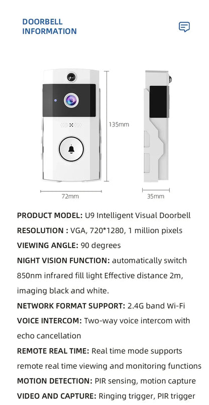 Outdoor Solar Wireless Video Doorbell with WiFi & Waterproof Cover