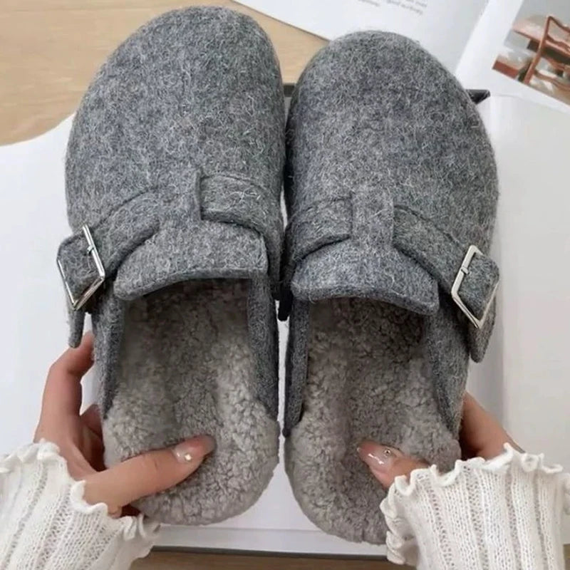 Kidmi Women's Slippers - Grey Leather Shearling Closed-Toe Felt Soft Mules Winter 2025 - Shello's Creative Boutique