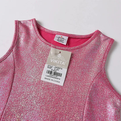 VIKITA Summer Princess Party Dress for Girls – Sleeveless Shiny Ball Gown with Patchwork Mesh Skirt (Ages 4–6) - Shello's Creative Boutique