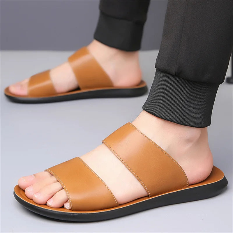 Men's Luxury Leather - Non-Slip Beach Sandals & Flat Casual Slides (Large Size 48) - Shello's Creative Boutique