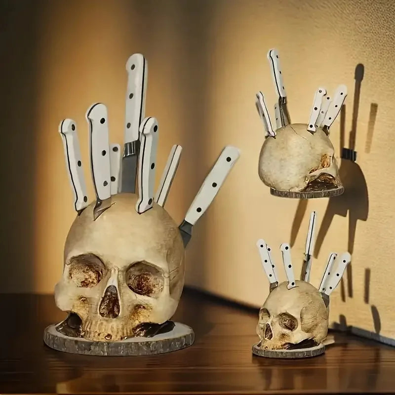 Skull Knife Holder Stand – Gothic Kitchen Knife Rack for Halloween & Home Décor