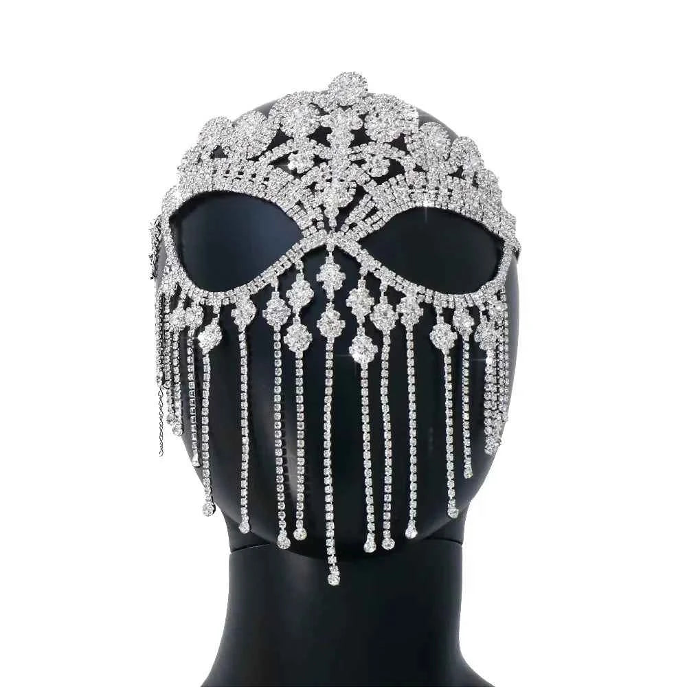 Hollow Black Masquerade Eye Mask Full Face Jewelry Prom Sexy Tassel Veil Crystal Mask Rhinestone Cosplay Nightclub Accessories