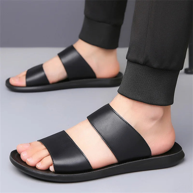 Men's Luxury Leather - Non-Slip Beach Sandals & Flat Casual Slides (Large Size 48) - Shello's Creative Boutique