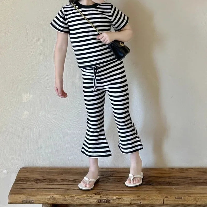 Girls’ Summer Line-Drawing 2-Piece Set – Striped Art-Inspired Tee & Wide-Leg Culottes Shello's Creative Boutique