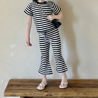 Girls’ Summer Line-Drawing 2-Piece Set – Striped Art-Inspired Tee & Wide-Leg Culottes - Shello's Creative Boutique