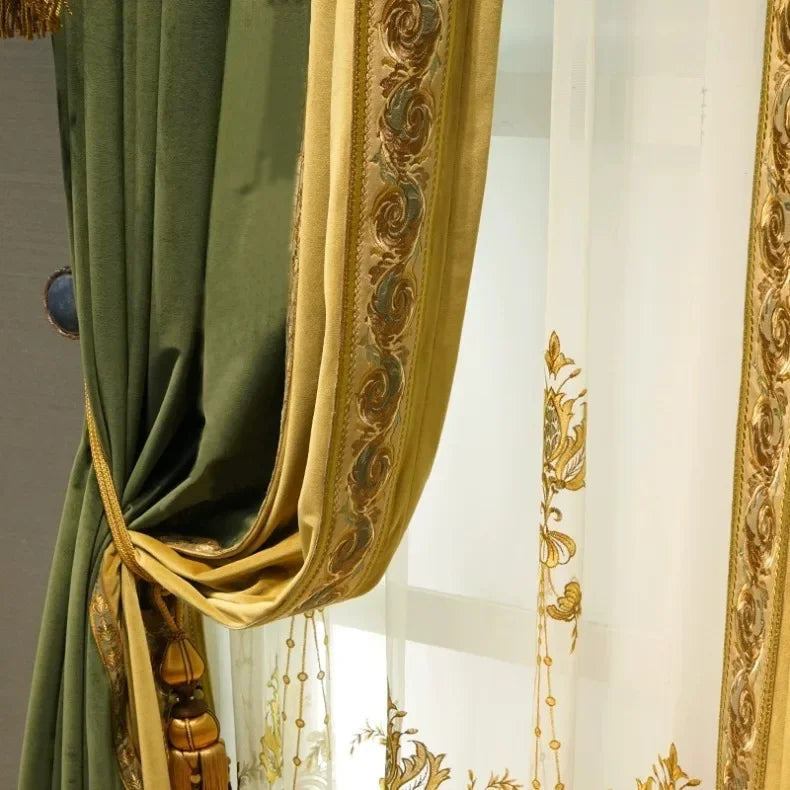 Luxury European Olive Green Velvet Embroidered Curtains - Custom Premium Drapes