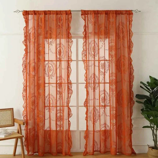 French Lace Sheer Curtains - Romantic Ruffled Floral Embroidery (2 Panels) - Shello's Creative Boutique