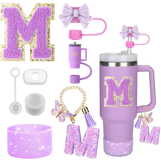 8PCS Accessories Set for Stanley Cup Purple 30oz 40oz tumbler Silicone Straw Topper Cover Cap Boot Handle Charm Initials Sticker - Shello's Creative Boutique