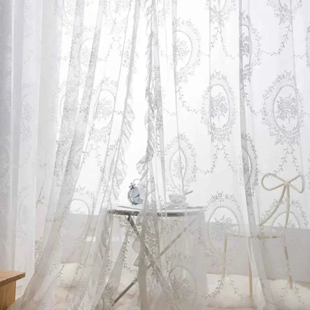French Lace Sheer Curtains - Romantic Ruffled Floral Embroidery (2 Panels) - Shello's Creative Boutique