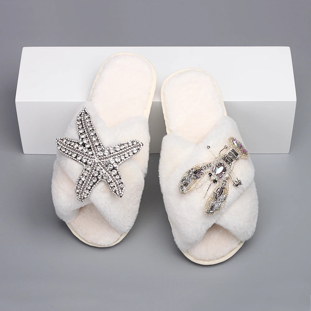 Women's Fur Slides - Fluffy Cross Strap Slippers with Starfish Lobster Decor - Shello's Creative Boutique