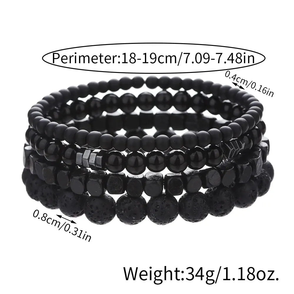 4-Piece Black Stone & Wood Bead Elastic Bracelet Set – Men's & Couples Jewellery