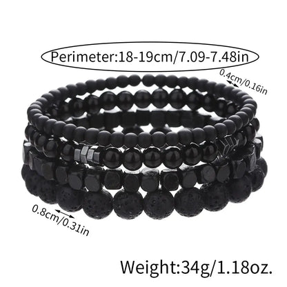 4-Piece Black Stone & Wood Bead Elastic Bracelet Set – Men's & Couples Jewellery
