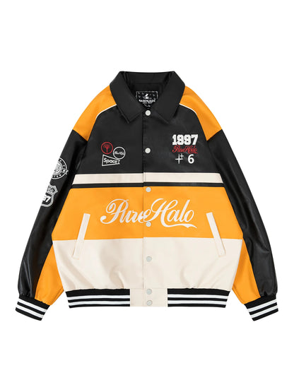 Women's Faux Leather Jacket Motorcycle Bomber Windproof Coat Spring&Autumn Warm Plus Size Baseball Coat Color-blocked Embroidery - Shello's Creative Boutique
