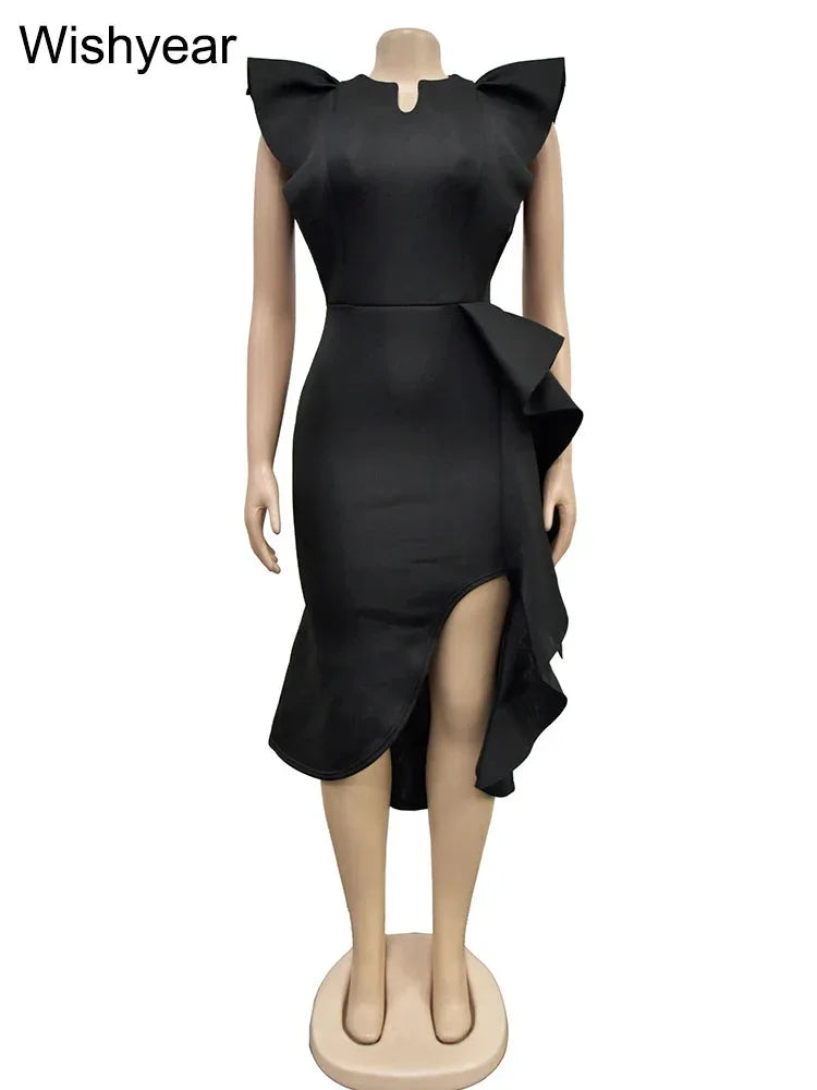 Flare Sleeve Bodycon Midi Dress - High Side Split with Ruffle Detail for Evening & Party - Shello's Creative Boutique