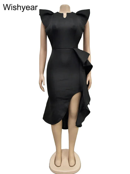 Flare Sleeve Bodycon Midi Dress - High Side Split with Ruffle Detail for Evening & Party - Shello's Creative Boutique