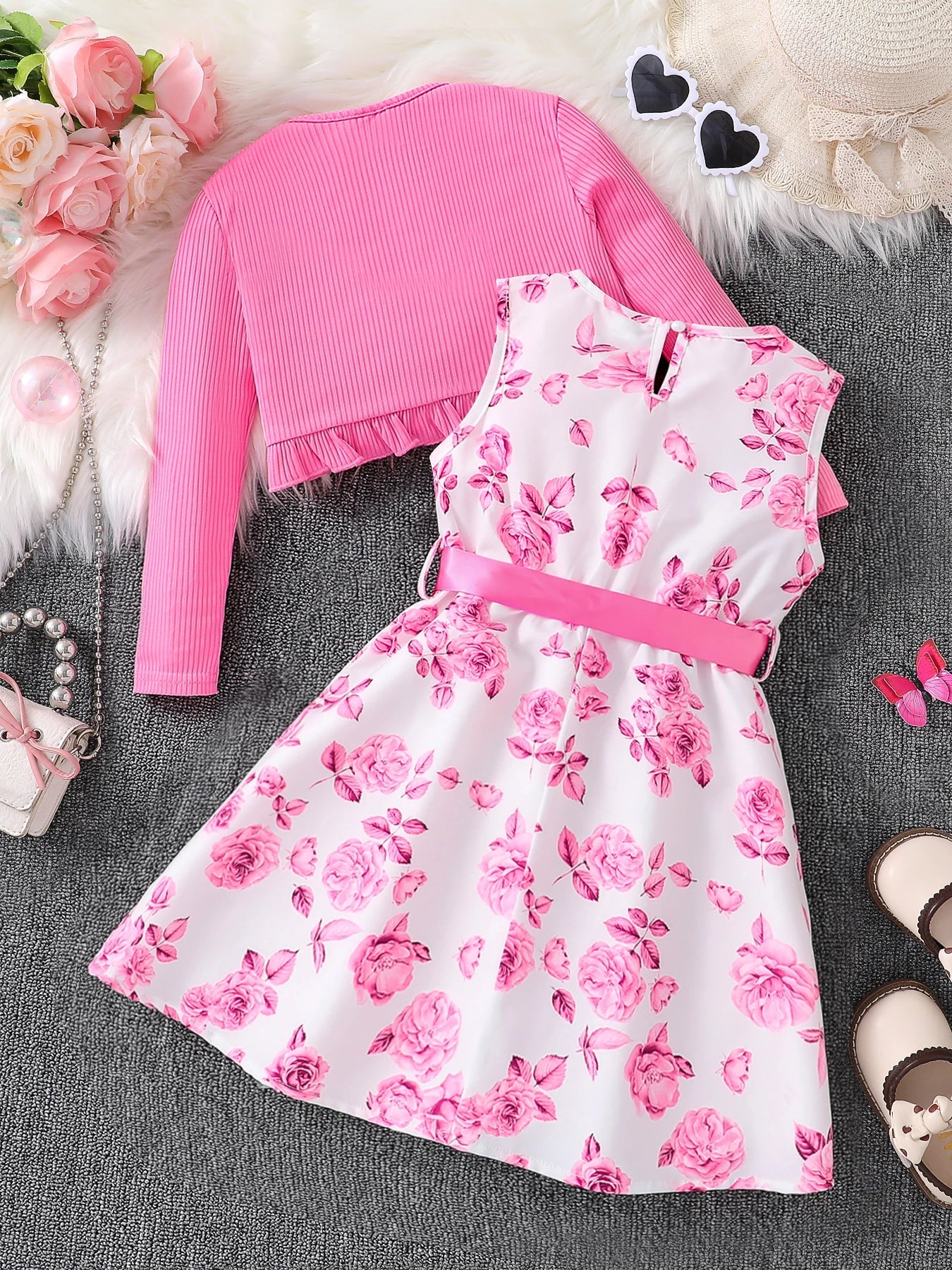 Children's clothing girl autumn fashion casual pink floral dress set 2-piece set - pink round neck vest+pink floral skirt Shello's Creative Boutique