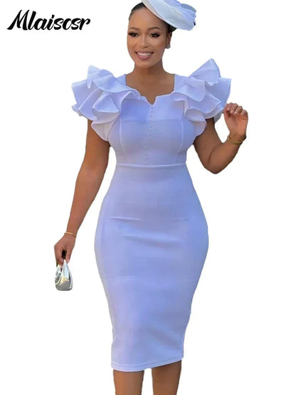 Elegant Square Neck Dress - Ruffled Beaded Mid-Length Evening Dress - Shello's Creative Boutique