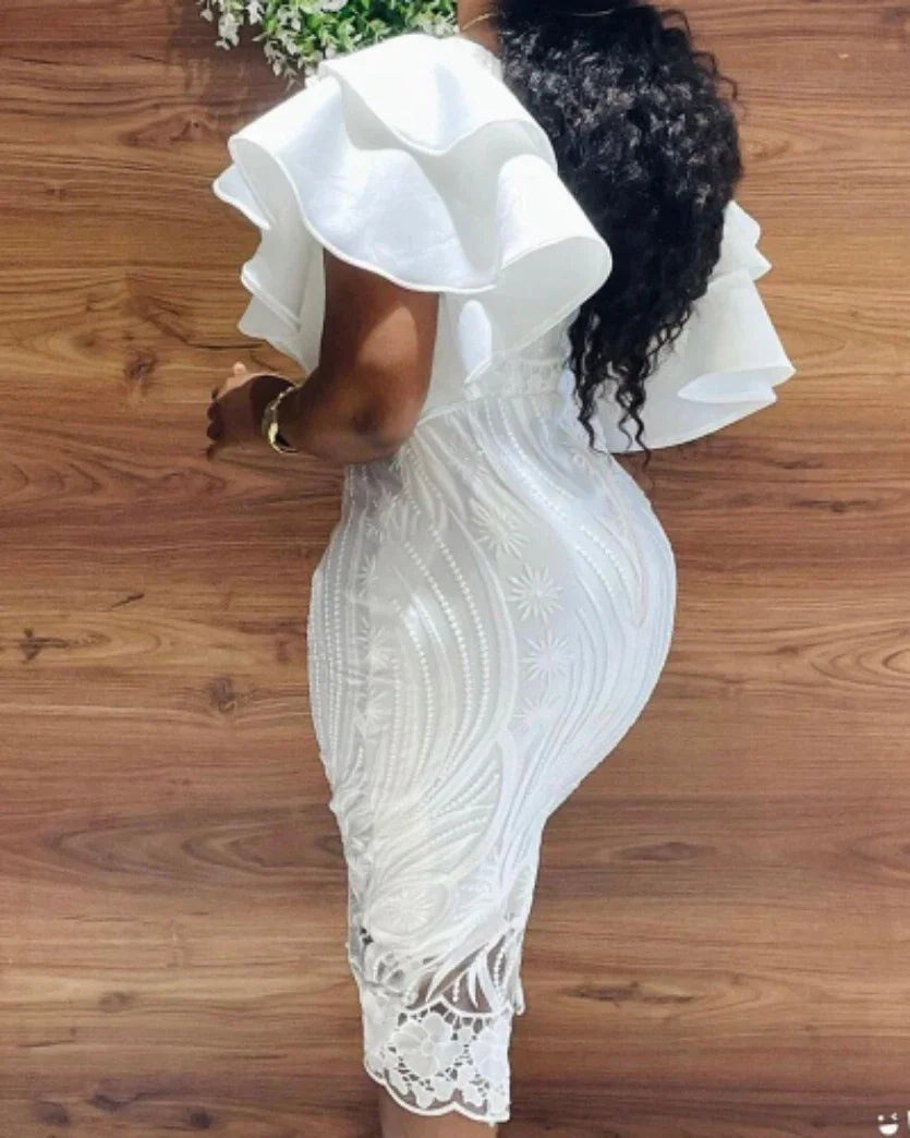 White Lace Dress - Ruffle Sleeve Knee-Length Party Dress - Shello's Creative Boutique