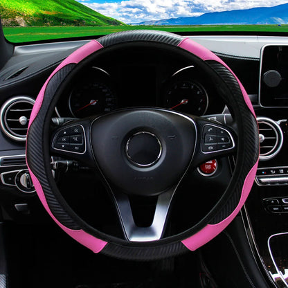 PU Carbon Fiber Leather Car Steering Wheel Cover - 14.5-15 Inches