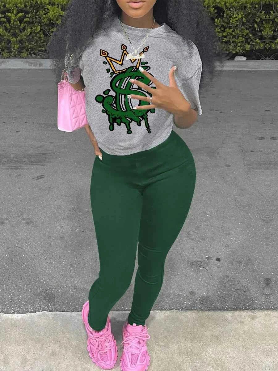 Y2K Crown Letter Print Two Piece Set - Graphic T-Shirt & Skinny Pants Outfit - Shello's Creative Boutique