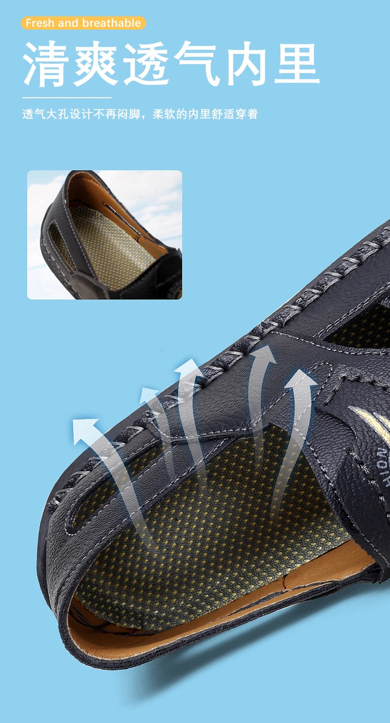Men's Genuine Leather Beach Sandals - Breathable Hollow-Out Non-Slip Casual Slides
