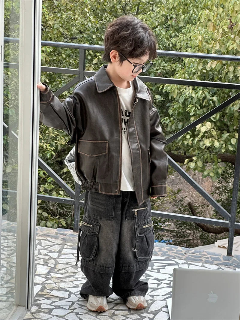 Children Clothing Fashion Casual All Match Leather Coat 2024 Fall New Boys Girls Retro Cool Jacket Solid Color Simple Coat Shello's Creative Boutique
