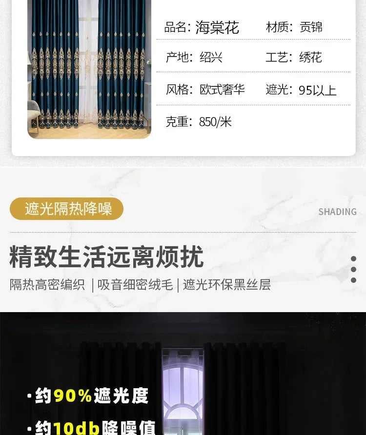 European Luxury Full Blackout Curtains - Heat Insulation & Acoustic Drapes with White Tulle - Shello's Creative Boutique