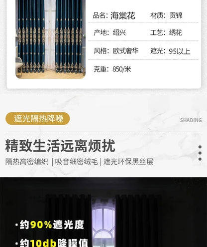 European Luxury Full Blackout Curtains - Heat Insulation & Acoustic Drapes with White Tulle - Shello's Creative Boutique