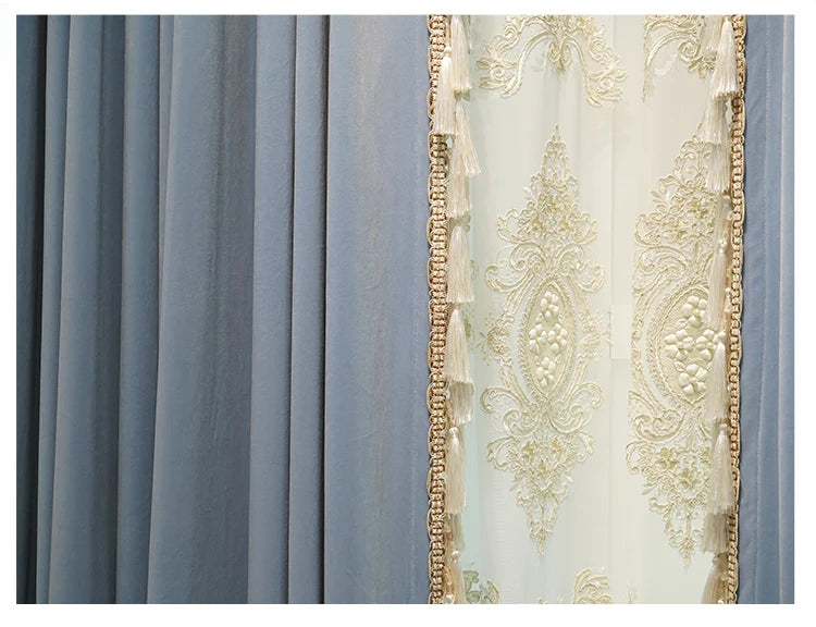 Modern European Luxury Curtains - Blue Velvet Spliced Tassel with Embroidered Tulle