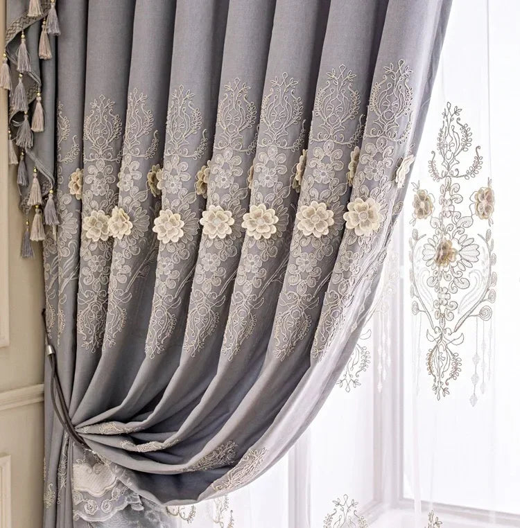 European Modern Blackout Curtains - Luxury Embroidered Tulle Villa Valance for Living Room & Bedroom