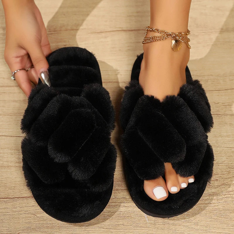 Women's Cross Strap Fluffy Slippers - Plush Fur Winter Slides - Shello's Creative Boutique