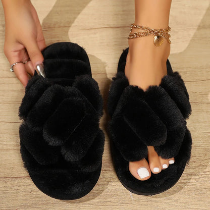 Women's Cross Strap Fluffy Slippers - Plush Fur Winter Slides - Shello's Creative Boutique