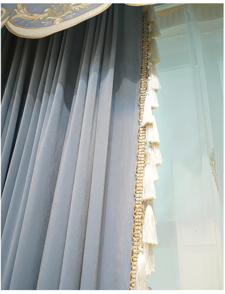 Modern European Luxury Curtains - Blue Velvet Spliced Tassel with Embroidered Tulle