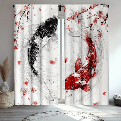 Japanese Koi Fish Blackout Curtains – Ukiyo-e Cherry Blossom Drapes (2 Pack) - Shello's Creative Boutique