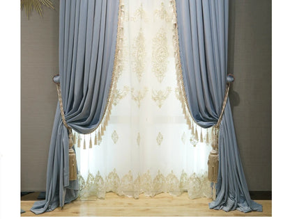 Modern European Luxury Curtains - Blue Velvet Spliced Tassel with Embroidered Tulle