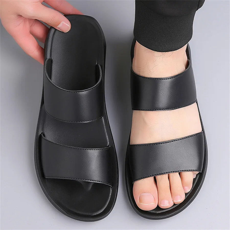 Men's Luxury Leather - Non-Slip Beach Sandals & Flat Casual Slides (Large Size 48) - Shello's Creative Boutique