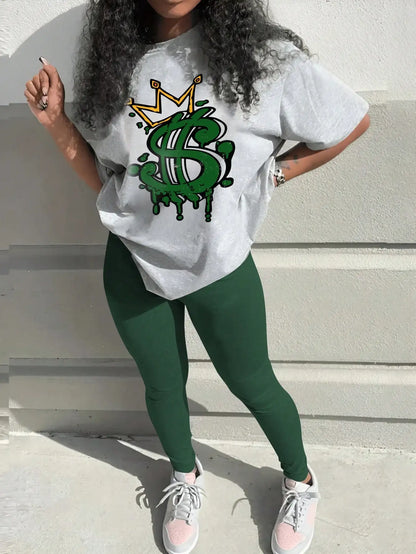 SIM WANG Crown Letter Print Y2K Pants Set – Summer Graphic T-Shirt & Skinny Pencil Pants 2-Piece Casual Outfit for Women