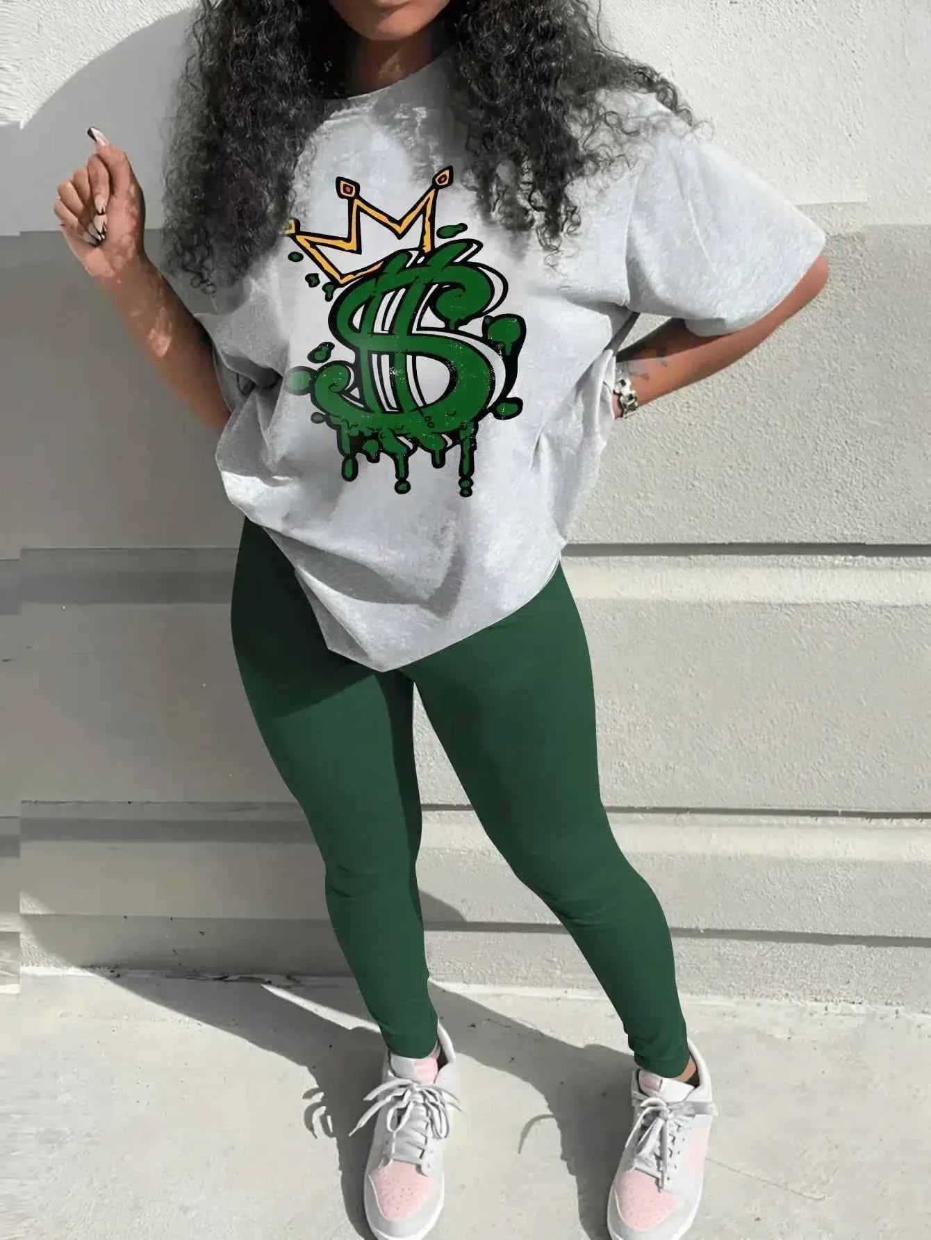 Y2K Crown Letter Print Two Piece Set - Graphic T-Shirt & Skinny Pants Outfit - Shello's Creative Boutique