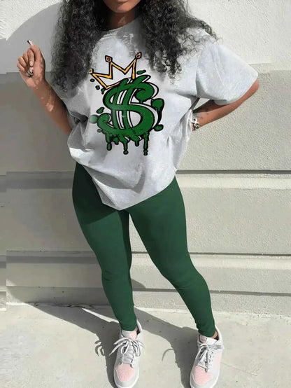Y2K Crown Letter Print Two Piece Set - Graphic T-Shirt & Skinny Pants Outfit - Shello's Creative Boutique