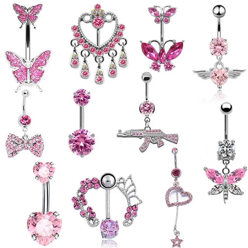 Pink Stainless Steel Belly Button Ring – Animal & Butterfly Styles