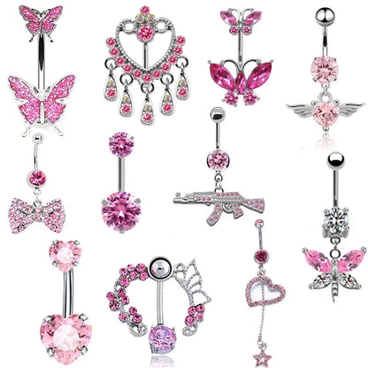 Pink Stainless Steel Belly Button Ring – Animal & Butterfly Styles