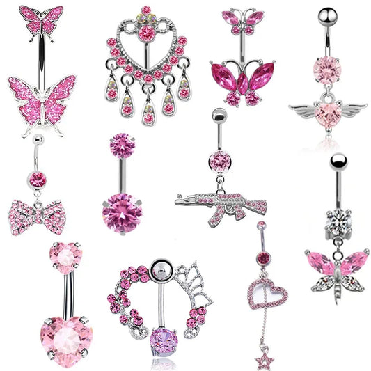 Pink Stainless Steel Belly Button Ring – Animal & Butterfly Styles