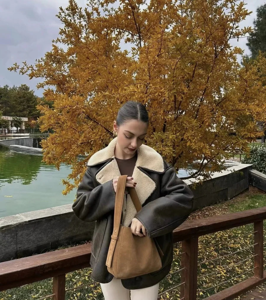 Women's Oversized Winter Jacket - Double-Sided Collar Warm Long Sleeve Coat