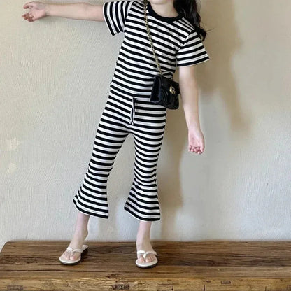 Girls’ Summer Line-Drawing 2-Piece Set – Striped Art-Inspired Tee & Wide-Leg Culottes - Shello's Creative Boutique