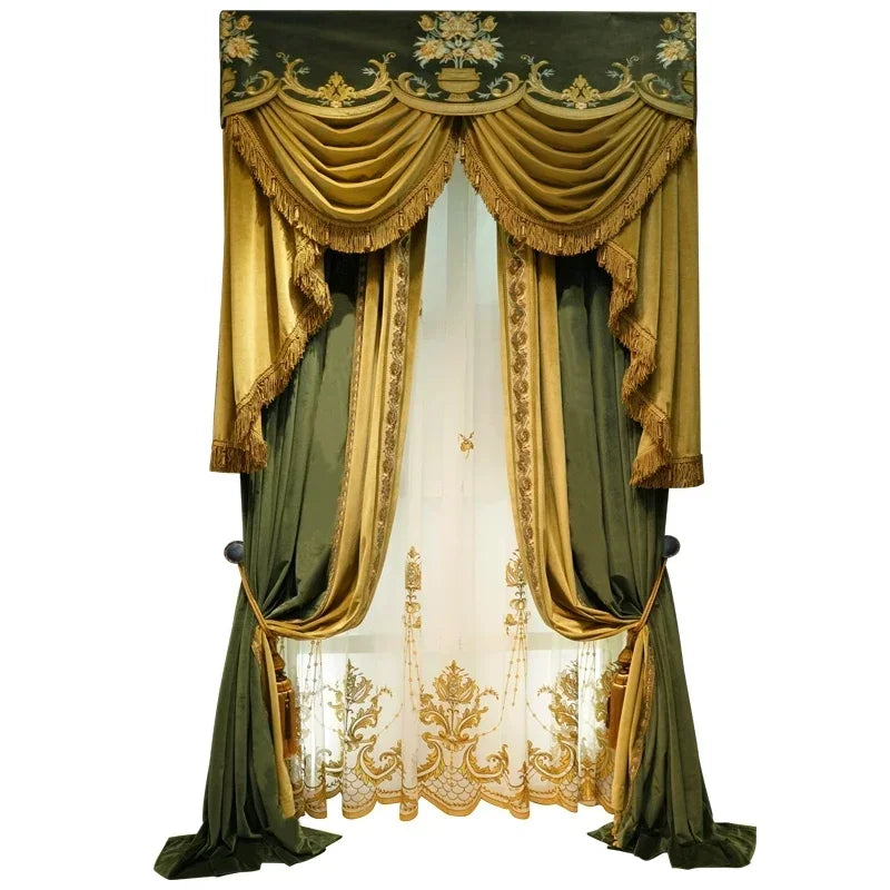 Luxury European Olive Green Velvet Embroidered Curtains - Custom Premium Drapes