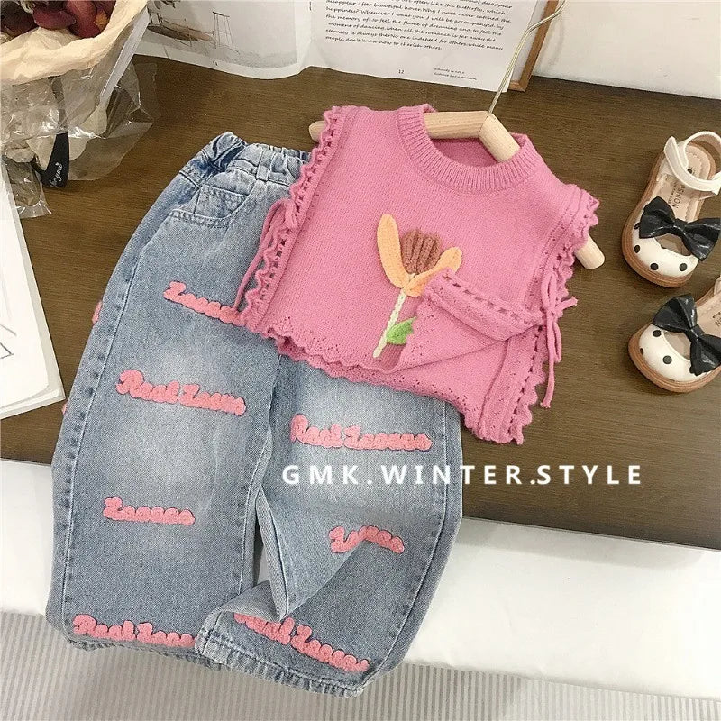 Girls’ Pink Knitted Waistcoat & Denim Jeans Set – Fashion Toddler Summer Outfit (Ages 2–7) Shello's Creative Boutique