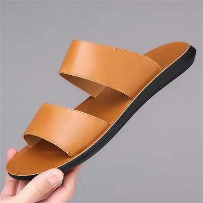 Men's Luxury Leather - Non-Slip Beach Sandals & Flat Casual Slides (Large Size 48) - Shello's Creative Boutique