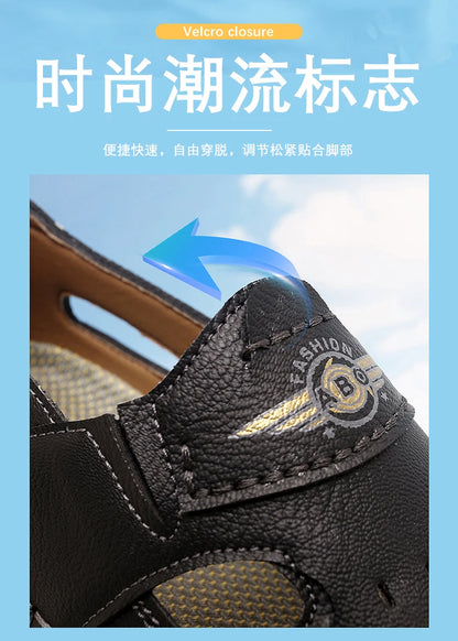 Men's Genuine Leather Beach Sandals - Breathable Hollow-Out Non-Slip Casual Slides